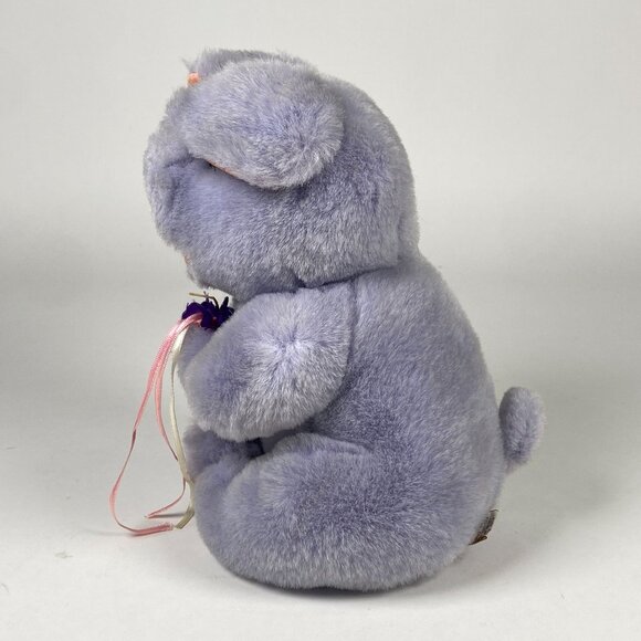 1990 Gund Kiss Kiss Purple Pig Plush Stuffed Animal Holding Flowers 9" - Picture 3 of 9